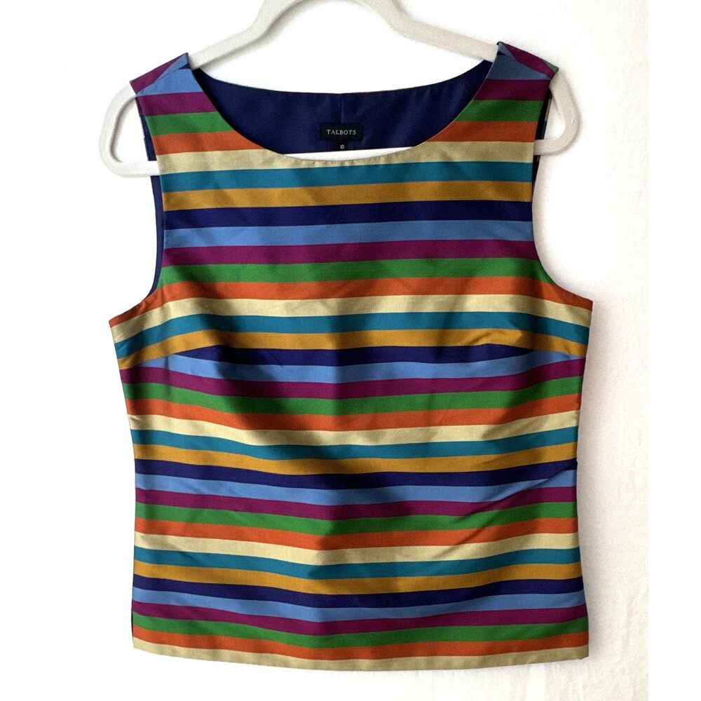 Talbots Striped Sleeveless Silk Blouse Lined Boat Neck Zip Multicolor 10